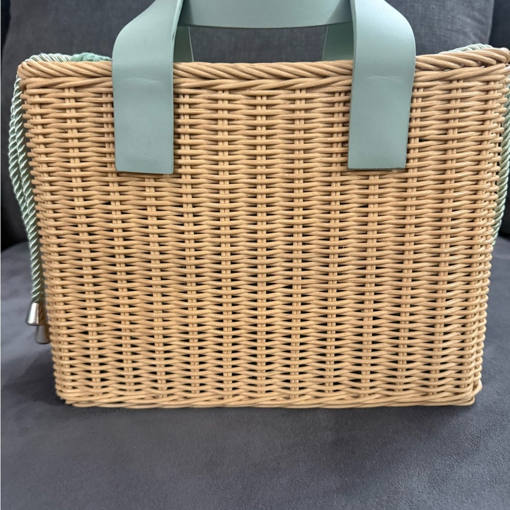 Stylish Tan and Green Woven Handbag